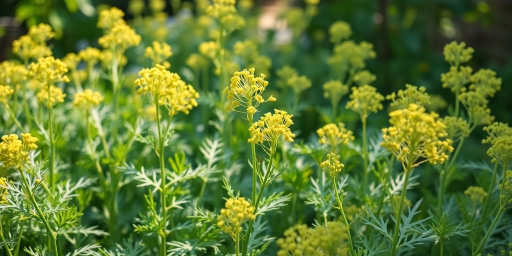 Erva-doce em um jardim tranquilo com flores amarelas.