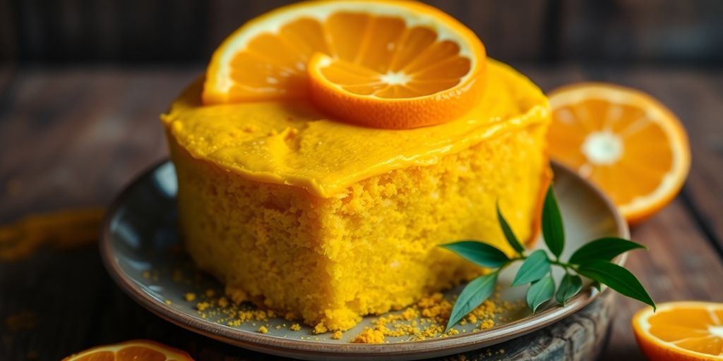 Bolo de cúrcuma e laranja em fundo rústico.