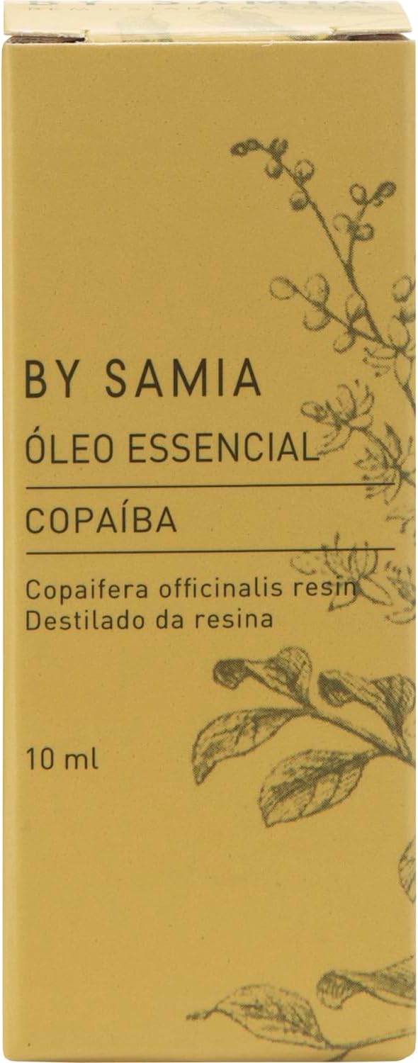 Imagem frontal de um produto com fundo liso bege/amarelado e ilustrações botânicas.