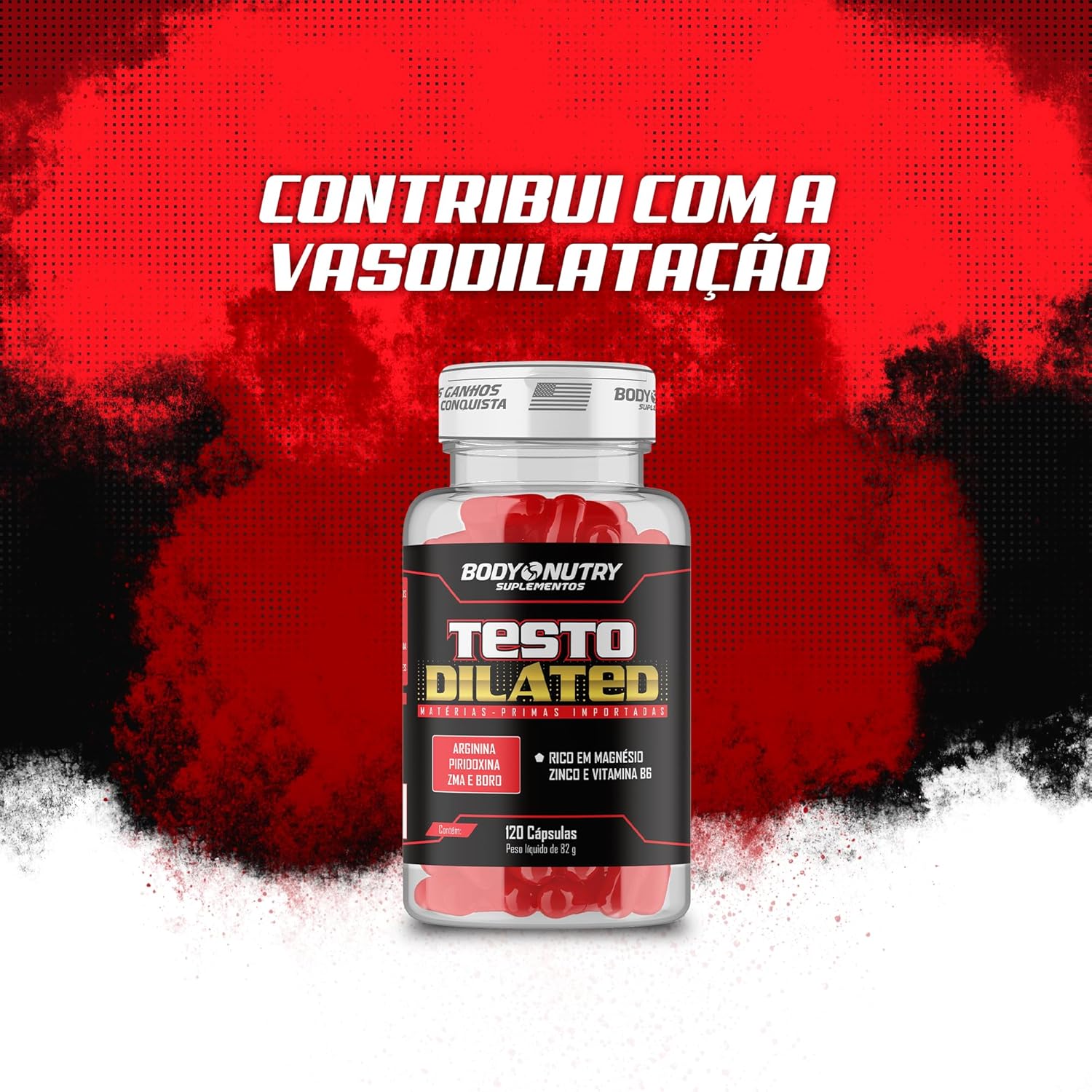 Imagem frontal de um produto com fundo artístico em vermelho, preto e branco, estilo splash, textura pontilhada e efeito de fumaça.