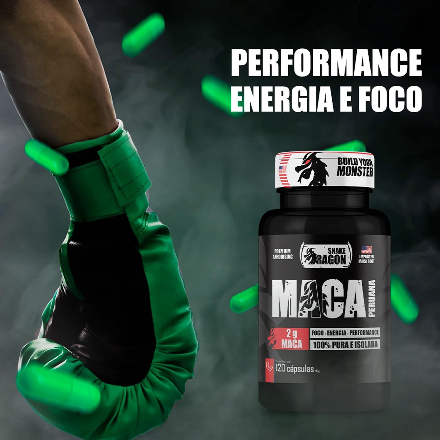 Imagem frontal do produto com fundo escuro, efeitos de fumaça e cápsulas verdes flutuando, criando um clima energético e esportivo.