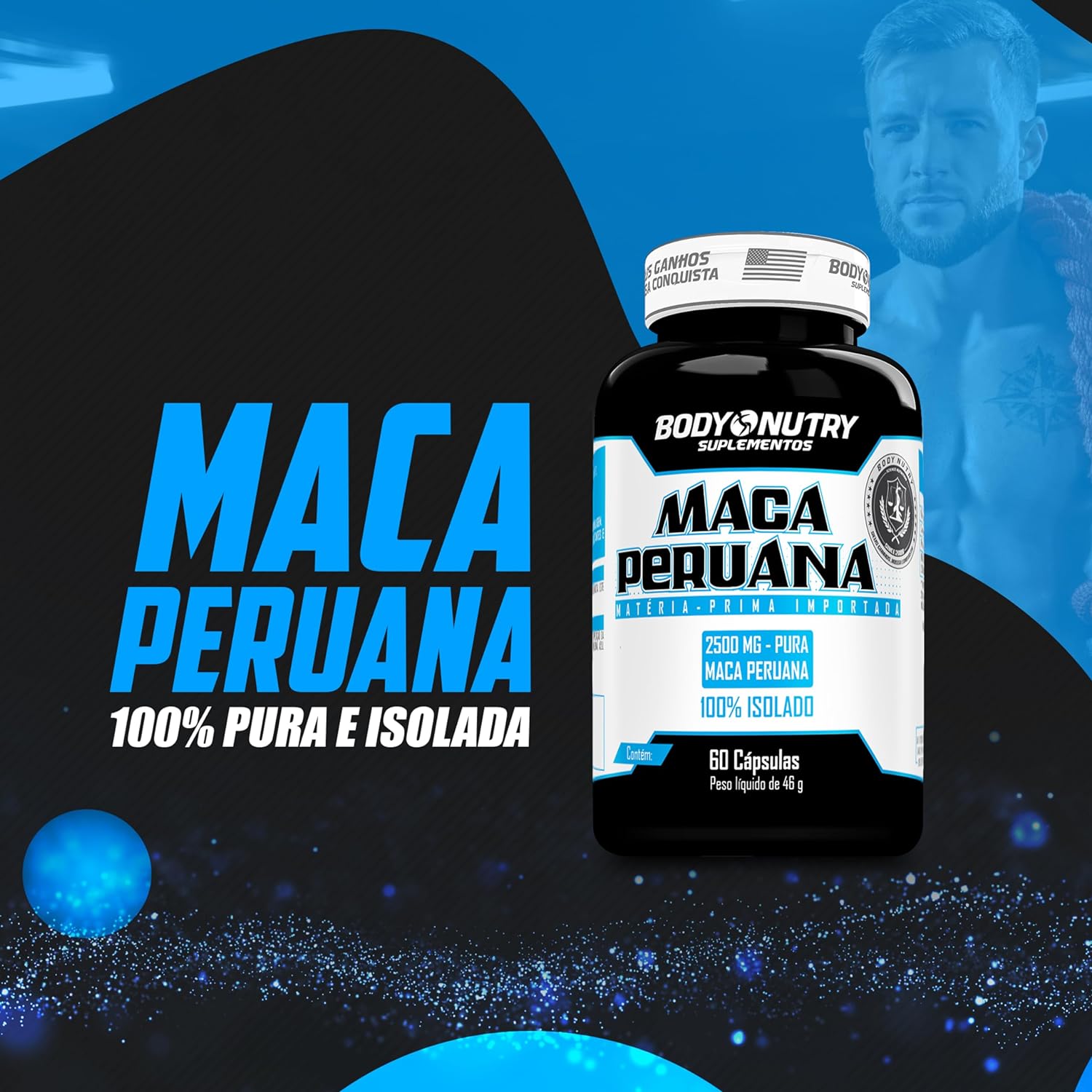 Vista frontal do produto sobre fundo gráfico com combinação de preto e azul, efeitos de brilho e partículas, e imagem de um homem ao fundo em tom azulado.