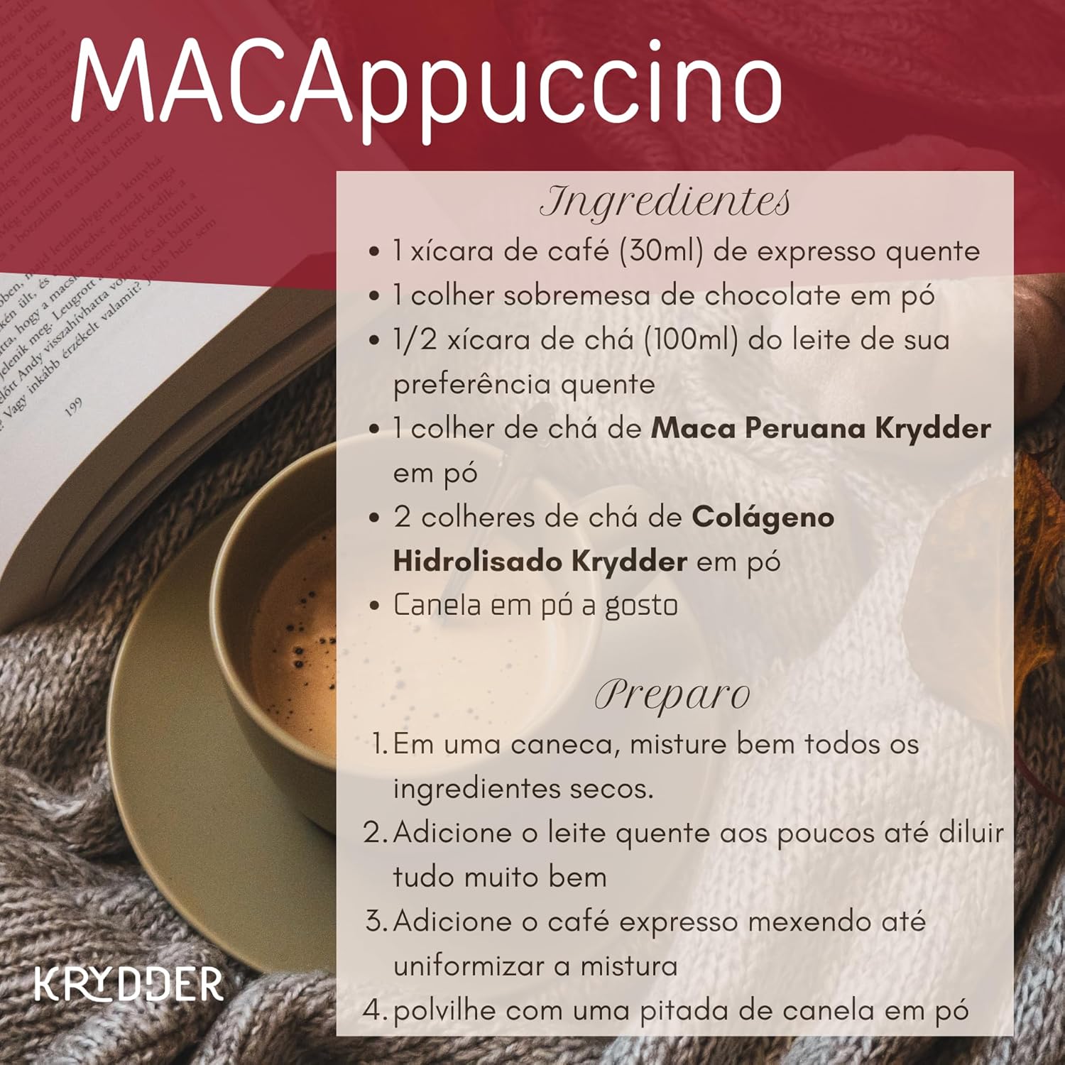 Vista superior do produto sobre fundo com tecido de tricô, livro aberto e xícara de café em pires.