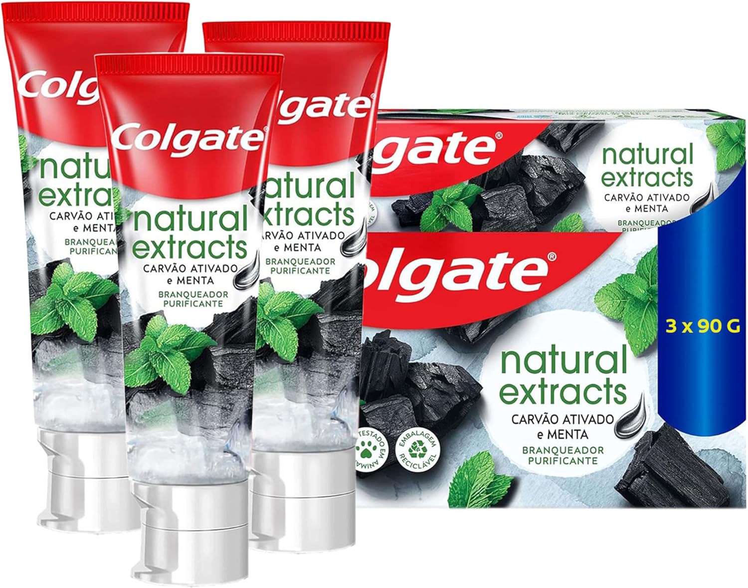 Colgate Creme Dental Vegano Natural Extracts Carvão e Menta, Dentes Mais Brancos, Sem Gluten, Com Flúor, 90g - 3 unidades Colgate Creme Dental Vegano Natural Extracts Carvão e Menta, Dentes Mais Brancos, Sem Gluten, Com Flúor, 90g - 3 unidades