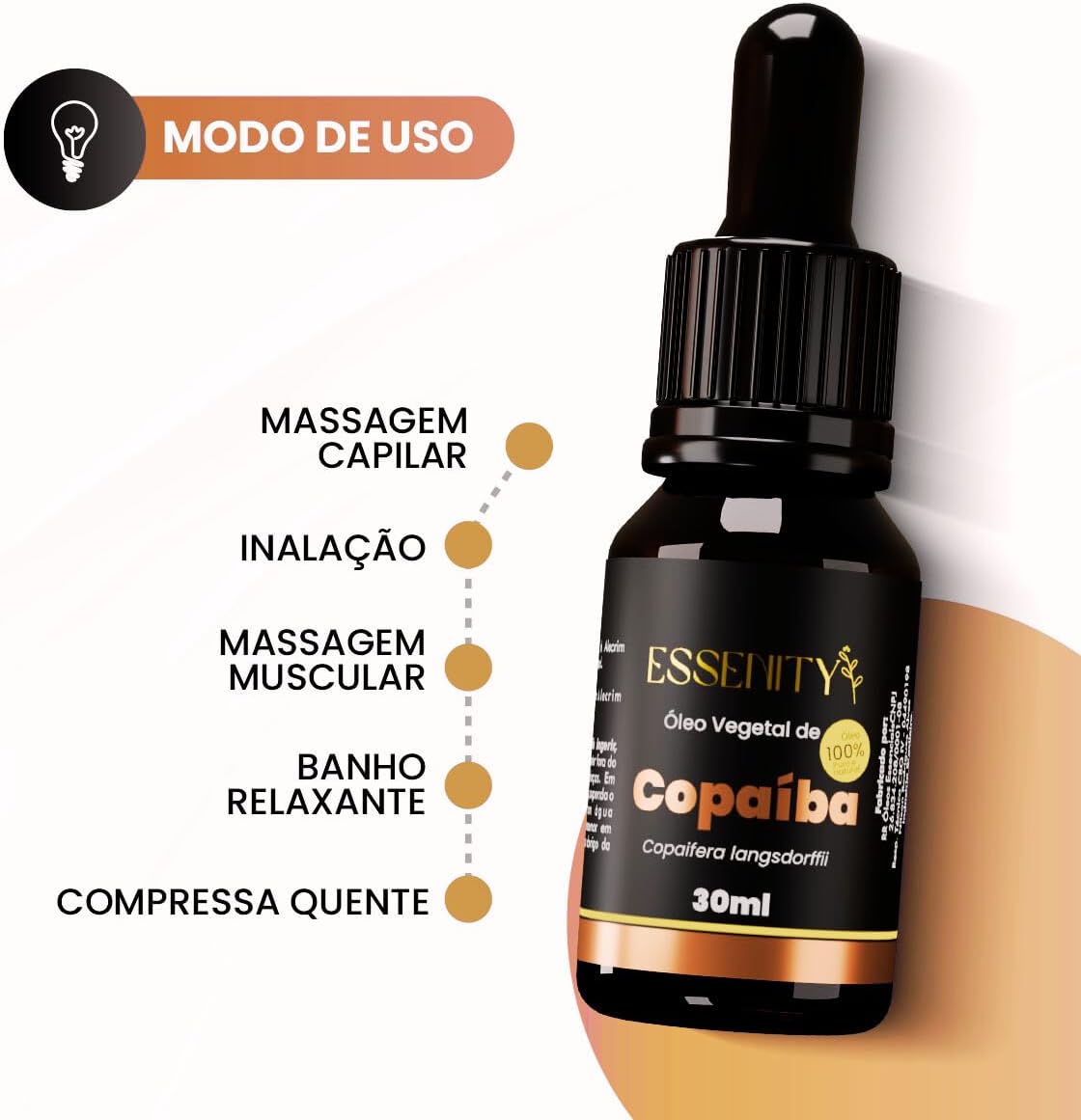 Frasco de suplemento visto de frente, em fundo branco com elementos gráficos em tons de laranja e sombra suave atrás do frasco.