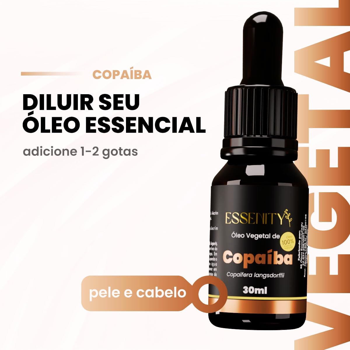 Produto visto de frente, com fundo claro, gradiente suave e elementos gráficos em laranja.