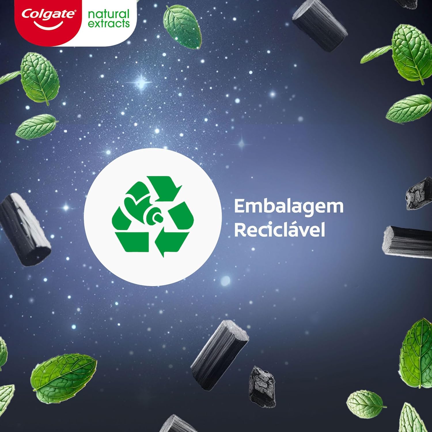 Imagem frontal da embalagem de creme dental Colgate com fundo azul escuro, efeito de estrelas e pontos brilhantes, sugerindo profundidade e frescor. Imagem frontal da embalagem de creme dental Colgate com fundo azul escuro, efeito de estrelas e pontos brilhantes, sugerindo profundidade e frescor.