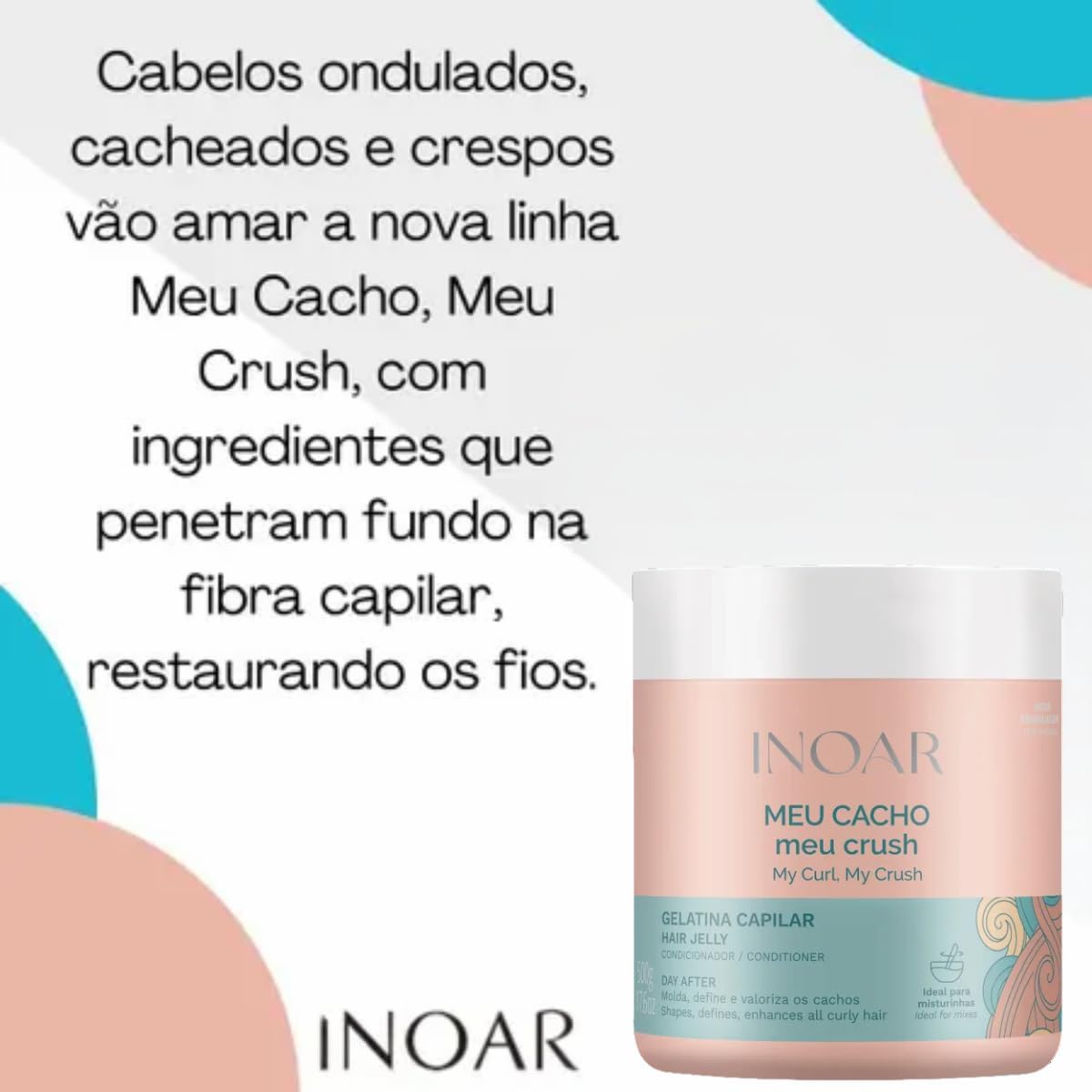 Produto visto de frente em fundo gráfico com formas arredondadas em azul, pêssego e branco, contendo texto promocional. Produto visto de frente em fundo gráfico com formas arredondadas em azul, pêssego e branco, contendo texto promocional.