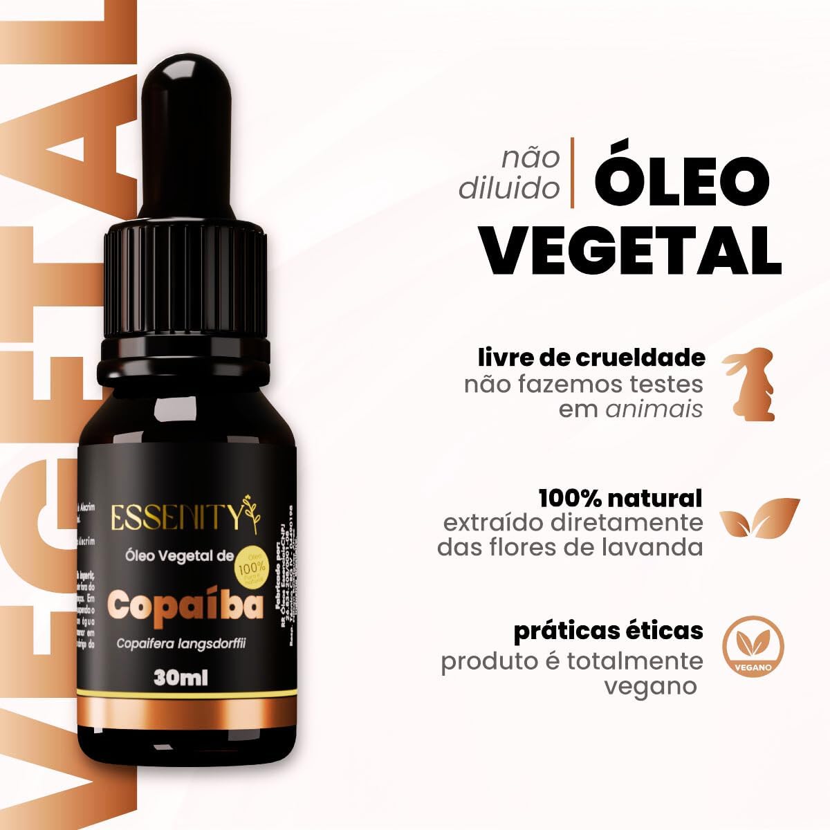 Produto visto de frente, com fundo branco, detalhes em bege e a palavra 'VEGETAL' em grande escala na lateral esquerda.