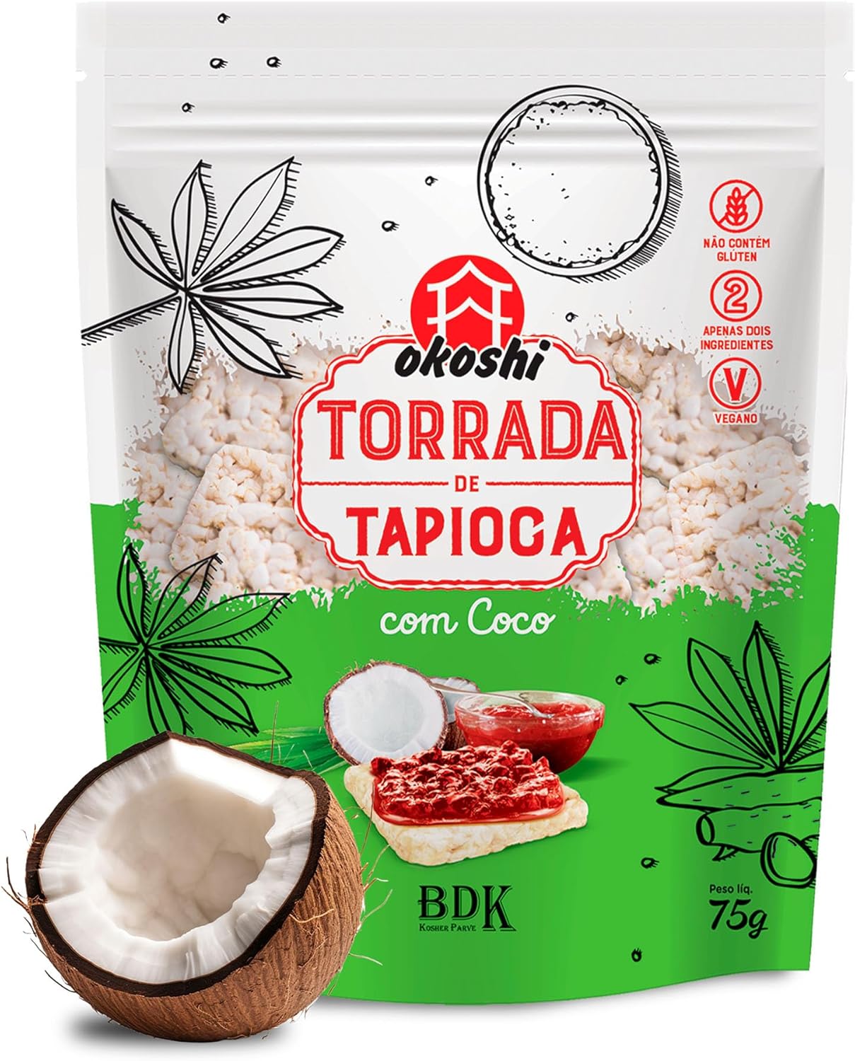 OKOSHI - Torrada de Tapioca com Coco - Snacks Saudáveis de Baixas Calorias, Lanches Fit para a Dieta - Vegano, Sem Açúcar, Sem Glúten, Sem Lactose, Sem Gordura Trans, Kosher - 75g OKOSHI - Torrada de Tapioca com Coco - Snacks Saudáveis de Baixas Calorias, Lanches Fit para a Dieta - Vegano, Sem Açúcar, Sem Glúten, Sem Lactose, Sem Gordura Trans, Kosher - 75g