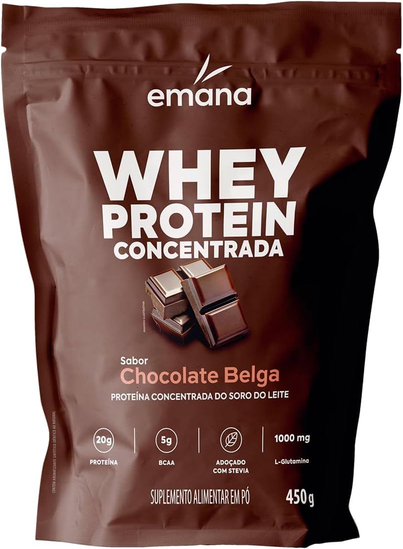 Emana Suplemento Alimentar em Pó Whey Protein Adoçado com Stevia Sabor Chocolate Belga - 450g