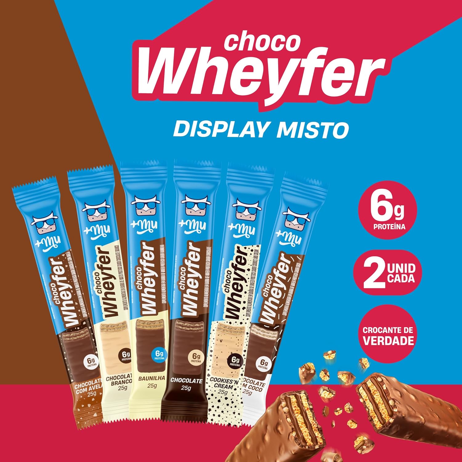 Embalagens de produto vistas de frente sobre fundo geométrico azul, marrom e vermelho.