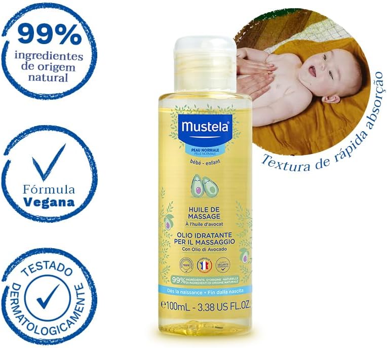 Bebê visto de frente com fundo branco, elementos gráficos circulares e imagem circular de cobertor amarelo atrás.