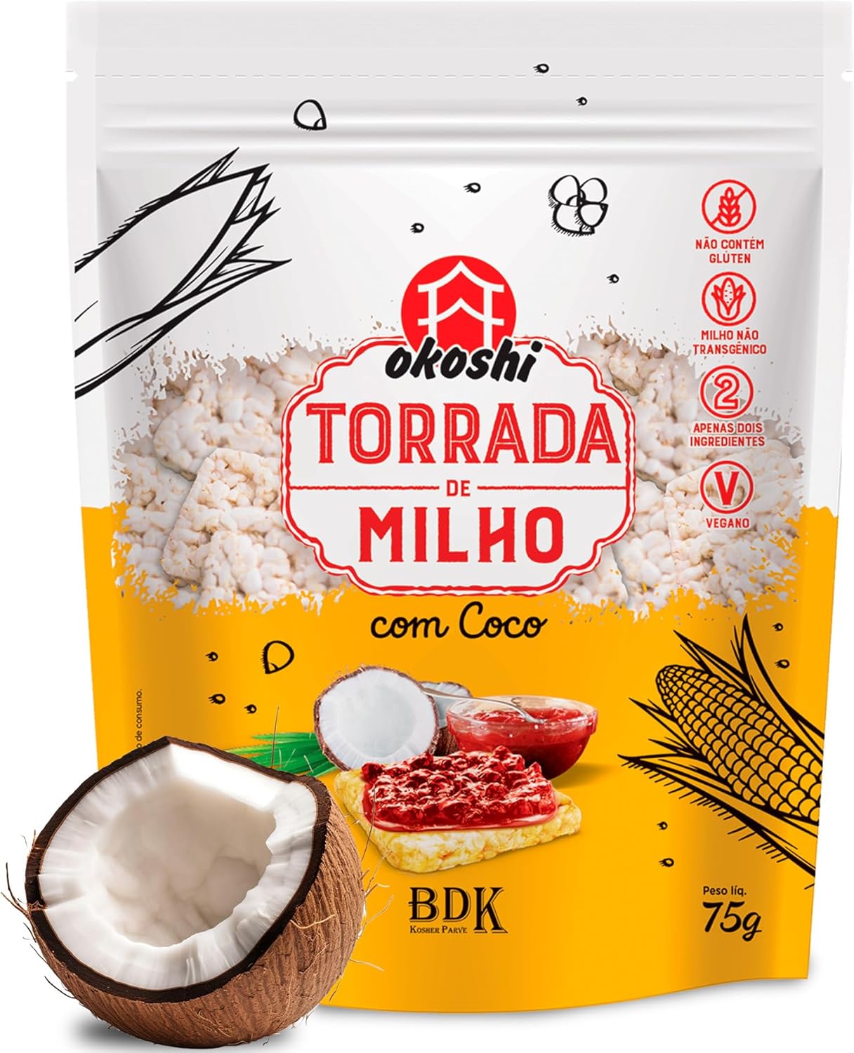 OKOSHI - Torrada de Milho com Coco - Snacks Saudáveis de Baixa Caloria, Lanches Fit para a Dieta - Vegano, Sem Glúten, Sem Lactose, Sem Gordura Trans, Kosher - 75g OKOSHI - Torrada de Milho com Coco - Snacks Saudáveis de Baixa Caloria, Lanches Fit para a Dieta - Vegano, Sem Glúten, Sem Lactose, Sem Gordura Trans, Kosher - 75g