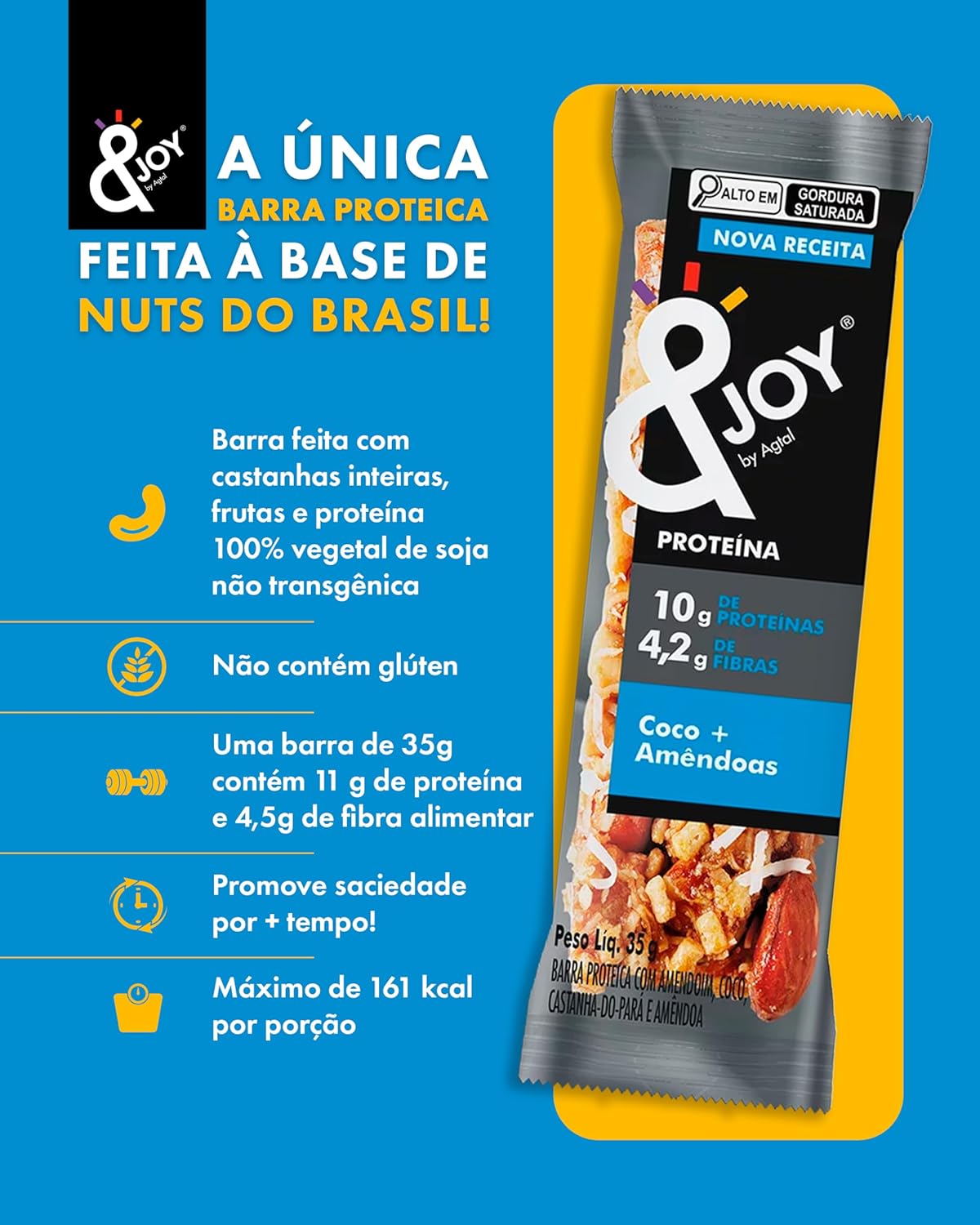 Imagem frontal da barra de proteína em fundo azul.