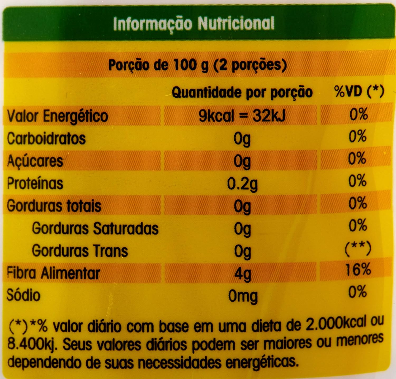 Imagem frontal do produto com fundo amarelo, destacando informações nutricionais.