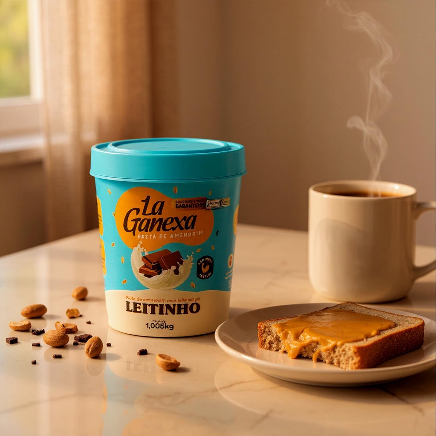 Pote em uma mesa clara com luz suave criando uma atmosfera acolhedora.