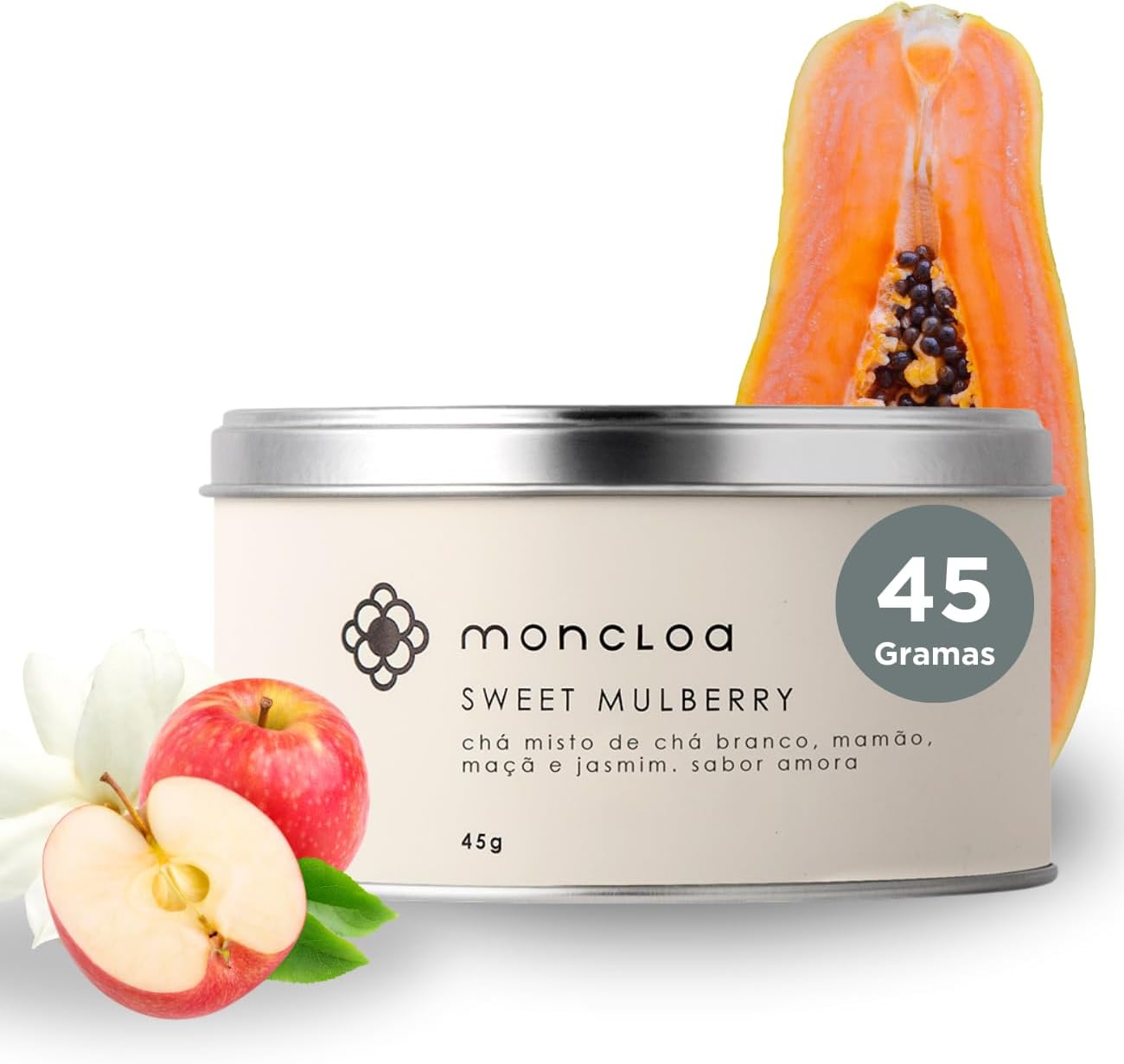 Moncloa Chá Branco Sweet Mulberry - Lata 45g, Sabor Suave de Amora e Amendoado, Notas de Jasmim, Papaia, Maçã, Aroma de Melão, Framboesa, Baunilha, Ameixa, Flores de Calêndula