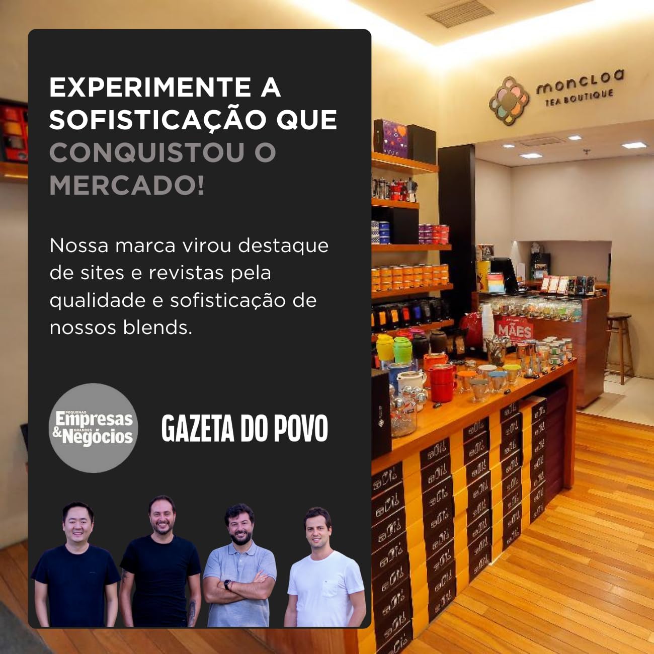 Imagem frontal do produto em prateleiras de madeira.