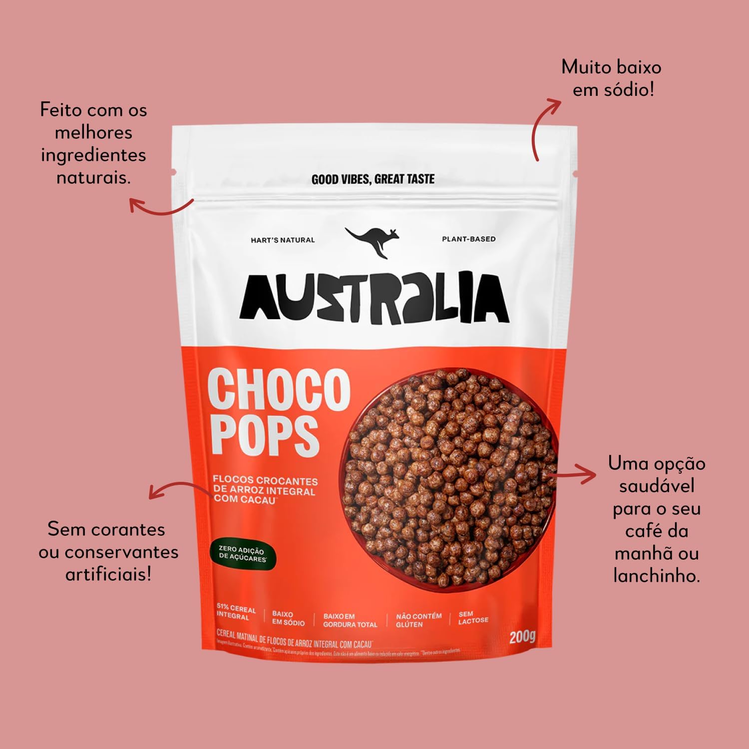 Imagem frontal do pacote de cereal com fundo rosa. Imagem frontal do pacote de cereal com fundo rosa.