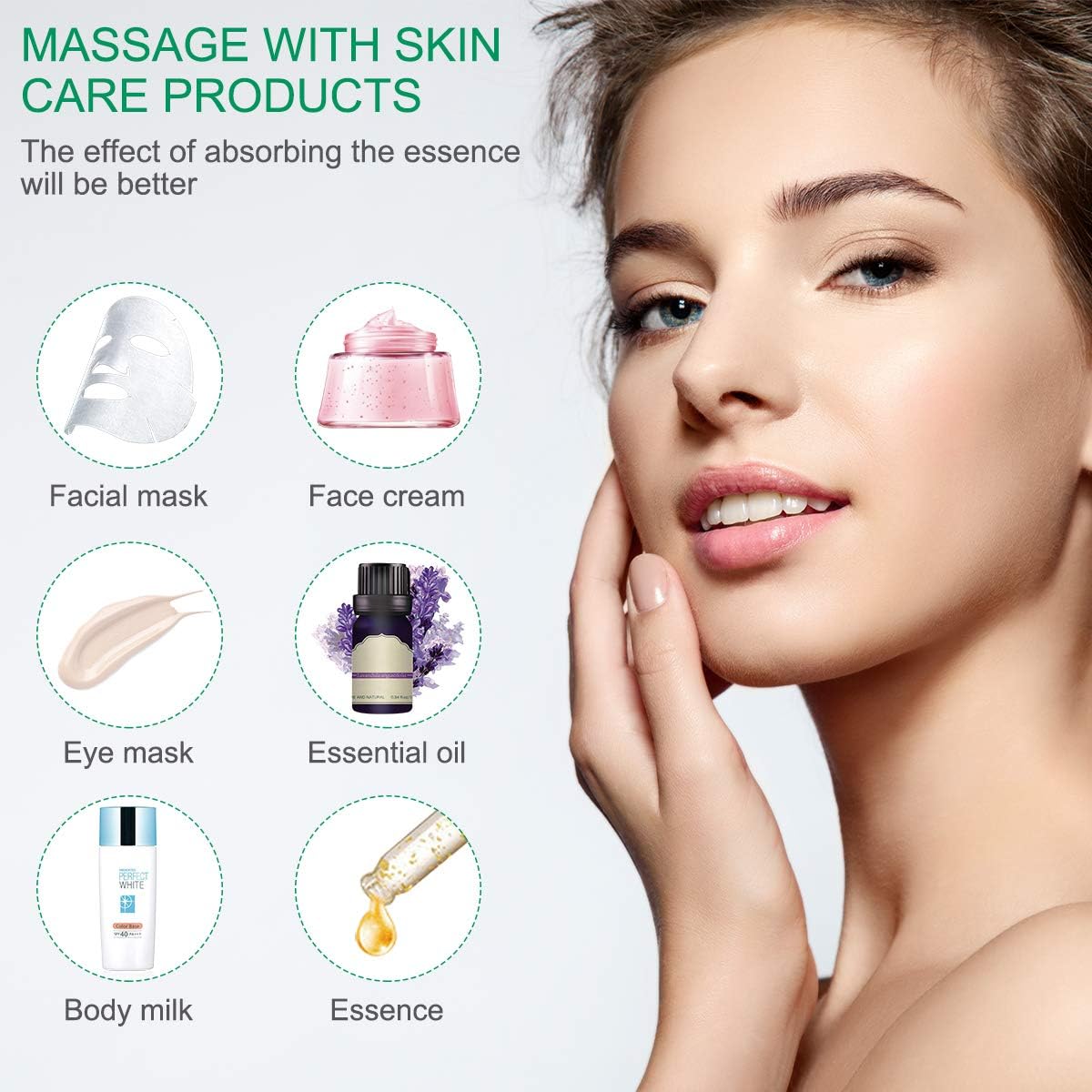 Imagem frontal com fundo claro e neutro, destacando a mulher e os produtos. Imagem frontal com fundo claro e neutro, destacando a mulher e os produtos.